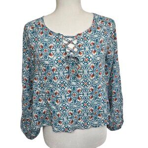 Hollister blue teal orange white geometric print long sleeve lace-up neckline